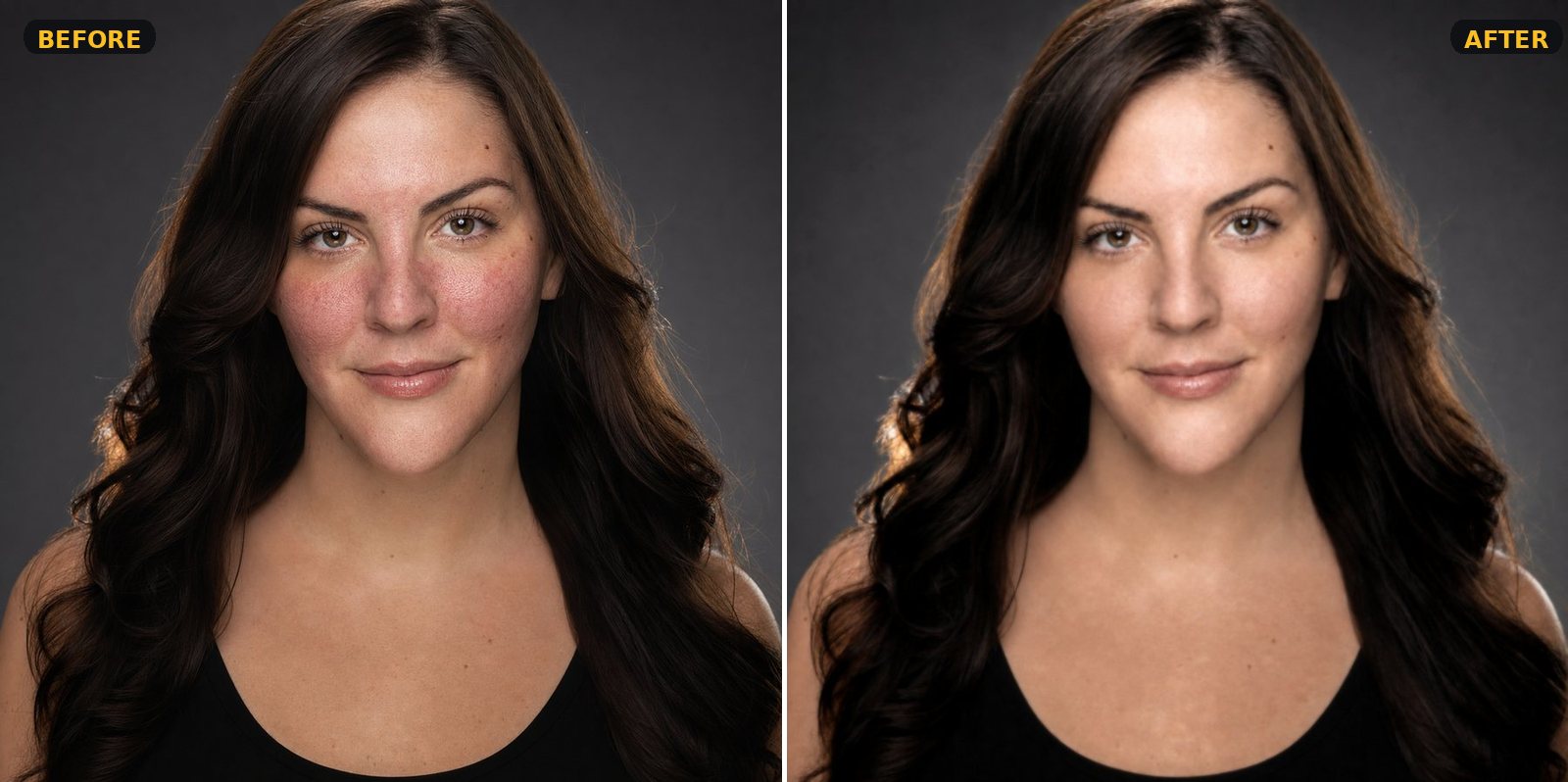 Retouch Premium — glamour portrait with skin refined, redness removed, polished finish